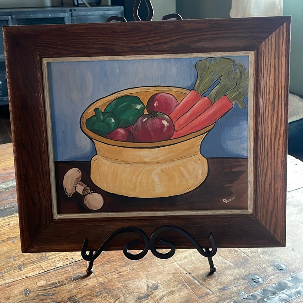 Vintage 1964 Framed Kitchen Vegetables Painting - Picture 2 of 5